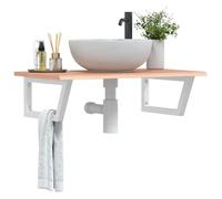 HEFZGDB Plateau de lavabo avec support en acier et bois massif de chêne - Montage mural - Structure en acier - Plaque en bois de chêne - Supports trapézoïdaux - Solution de rangement simple