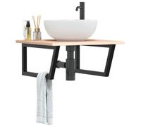 HEFZGDB Plateau de lavabo avec support en acier et bois massif de chêne - Montage mural - Structure en acier - Plaque en bois de chêne - Supports trapézoïdaux - Solution de rangement simple