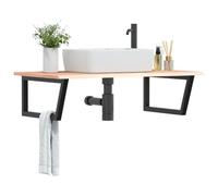 HEFZGDB Plateau de lavabo avec support en acier et bois massif de chêne - Montage mural - Structure en acier - Plaque en bois de chêne - Supports trapézoïdaux - Solution de rangement simple