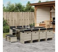 HEFZGDB Salon de jardin 13 pièces avec coussins gris clair en polyrotin - Chaises pliantes en forme de cube peu encombrant - Housses amovibles et plateau de table en verre trempé pour terrasse