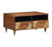 HEFZGDB Table basse en bois massif Mango 80 x 54 x 40 cm avec 3 tiroirs Style moderne Mid-Century et insert floral - Surface marron miel pour le rangement du salon