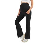 HEGALY Women's Maternity Flare Leggings Over The Belly - Casual Pregnancy Yoga Pants with Pockets Buttery Soft Black