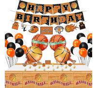 Hegbolke Décorations de fête de basket-ball - y compris des bannières HAPPY BIRTHDAY, 4 ballons en aluminium de basket-ball, des décorations de gâteau, des ballons sur le thème du basket-ball (A)