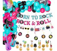 Hegbolke Lot de 91 décorations de fête Rock and Roll des années 50 -Comprenant un drapeau d'élément, un tourbillon suspendu, des décorations de gâteau, des ballons, une bannière pour une soirée