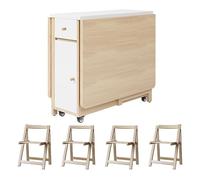 HEGGMKK Table À Manger Peu Encombrante (1,2/1,5 M), Empreinte Pliée : 0,15㎡, Tiroirs De Rangement + Roue Universelle Silencieuse, avec 2 À 4 Sièges De Salle À Manger en Bois Massif,1.5m+4Chair,C