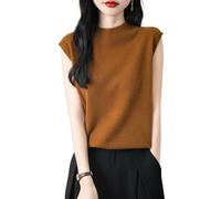 Hehangan First-Line Pull 100 % laine mérinos pour femme Printemps, automne, hiver, Col roulé sans coutures Tricot sans manches, caramel, L