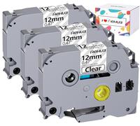 Hehua Lot de 3 rubans adhésifs laminés noirs sur transparents compatibles avec étiqueteuse Brother P-Touch TZe-131 TZe131 TZ131 TZ-131 TZe TZ de 12 mm, résistants à l'eau, 8 m chacun