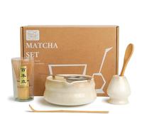 HEI MING Set Matcha Premium 6 pièces - Set Exclusif pour Thé Matcha avec Chasen en Bambou, Bol Céramique Beige, Tamis, Cuillère & Accessoires, Cadeau Original pour le Matcha
