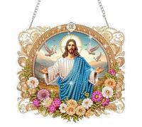 HEIBAGO Diamond Painting Pendentif Pâques, DIY Jésus Forme Spéciale Diamant Painting Suspendus avec Chaîne, Fleurs Peinture Diamant Strass Point de Croix Painting pour Murale Décoration