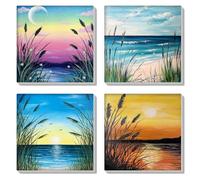 HEIBAGO Encadré Paint by Numbers pour Adultes, 4 Pack Paysage Paint by Numbers Canvas pour Débutants, DIY Kit de Peinture Rivière, Roseaux Peinture par Numéros pour Décoration de la maison 8x8 inch