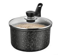 HEIBTENY Casserole antiadhésive avec couvercle, revêtement en granit, compatible avec induction, poignée qui reste froide, pour soupe, sauce, flocons d'avoine, crêpes, noir, 16 cm avec couvercle