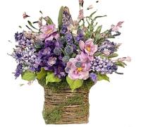 HEIBTENY Couronne de panier de lavande artificielle, 40 cm en rotin naturel à suspendre à la porte d'entrée avec baies roses, décoration florale pour la fête des mères, la maison, le mur, le jardin