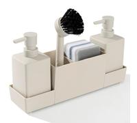 HEIBTENY Organiseur d'évier de cuisine avec deux distributeurs de savon de 350 ml, brosse de nettoyage et éponges, plateau d'égouttement amovible, finition noire mate pour hygiène (beige)