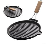 HEIBTENY Poêle à steak ronde en fonte avec poignée pliable en bois pour barbecue, intérieur et extérieur, 24 cm