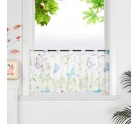 HeichkelL Rideau brise-bise imprimé en voile avec fleurs et papillons - Transparent - Blanc - Avec passants - H x l : 45 x 120 cm