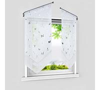 HeichkelL Rideaux brise-bise avec papillon argenté, blanc, 60 x 90 cm (l x | Lot de 2 rideaux de bistrot en voile, double couche, rideau de cuisine moderne avec pompon, 2 pièces