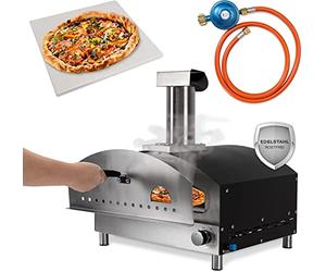 Heidenfeld Four à pizza au gaz Venezia | 500 °C, pierre à pizza, four extérieur en inox, vitre, cheminée avec capuchon de pluie
