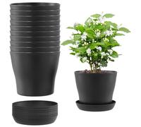 HEIHAK Lot de 10 pots de fleurs ronds en plastique noir de 17 cm avec soucoupes et drainage, pots de fleurs ronds de taille moyenne pour intérieur et extérieur
