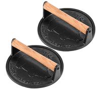 HEIHAK Lot de 2 presses à bacon rondes en fonte noire de 17,8 cm avec poignée en bois, poids à steak pour grill, hamburgers, bacon et pain