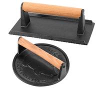 HEIHAK Lot de 2 presses à bacon rondes en fonte noire de 17,8 x 17,8 cm et 20,3 x 10,2 cm rectangulaires avec poignée en bois, poids à steak pour grill, hamburgers, bacon et pain