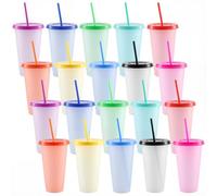 HEIHAK Lot de 20 gobelets réutilisables en plastique de 700 ml avec couvercles et pailles, changement de couleur, pour fête, thé au lait, utilisation quotidienne de l'eau potable