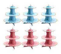 HEIHAK Lot de 6 présentoirs à cupcakes ronds en carton à 3 étages - Rose et bleu - Pour thé, anniversaire et mariage