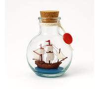 Heiko Blume Bateau en verre - Mini « bateau dans la bouteille » dans une bouteille ronde en verre avec bouchon et cordon - Décoration maritime - Hauteur : 10 cm - Diamètre : 7,5 cm - Idée cadeau pour