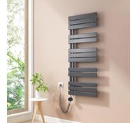 Heilmetz Radiateur Sèche-Serviette Électrique Plat 1176 x 500 mm, avec Élément Chauffant Thermostatique et Fonction Minuterie, Salle de Bain Sèche-Serviette Murale - Branchement Côté 600W, Anthracite