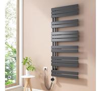 Heilmetz Radiateur Sèche-Serviette Électrique Plat 1385 x 600 mm, avec Élément Chauffant Thermostatique et Fonction Minuterie, Salle de Bain Sèche-Serviette Murale - Branchement Côté 800W, Anthracite