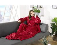 heimtexland ® Couverture thermique TV avec manches et poches - Couverture de canapé - Couverture complète - Flanelle - Douce et chaude - Type 848 - Rouge - Longueur : 180 x 150 cm