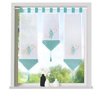 heimtexland ® Lot de 3 rideaux brise-bise transparents brodés avec passants Turquoise Paon Type 710