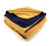 heimtexland Plaid super épais avec fourrure Sherpa moelleuse - 200 x 150 cm - Élégante et douce - Idée cadeau de Noël - Type 909 - Jaune moutarde - Bleu nuit