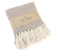 heimtexland ® Plaid tricoté à franges de qualité supérieure - 100 % coton - Couverture de canapé - 180 x 130 cm - Douce et chaude - Naturelle - Type 912 - Chevron taupe - 1 pièce