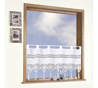 heimtexland Rideau brise-bise Country Chic aspect batiste, 100 % coton, blanc, 45 x 120 cm, avec passants, style maison de campagne, bordure en crochet avec pompon et boule en bois, certifié Öko-Tex