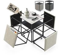 Heimtrend 4 tabourets avec table basse - Gain de place 5 en 1 cube gris/blanc pour salon, salle à manger, chambre d'amis