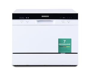 Heinrich's HTG 8840 Weiss lave-vaisselle de table 6 couverts mini lave-vaisselle de comptoir 7 programmes affichage numérique départ différé 24 h ouverture automatique séchage puissant cordon d'alimen