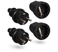 HEITECH 2x Fiche mâle et 2x prise femelle électrique en caoutchouc - Jeu de fiches mâle et femelle avec protection anti courbures, noir, 250V, 16A, IP20 usage intérieur - Fiche electrique