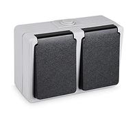 HEITECH Double prise exterieur etanche - Double prise etanche exterieur avec protection enfants 250 VAC 16A IP44 - Bloc prise saillie exterieur - Prise de courant en saillie avec terre