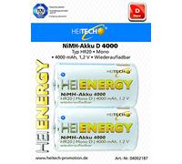 HEITECH Lot de 2 Batteries NIMH Mono/D/HR 20 4000 mAh 1,2 V - Piles Rechargeables à Faible décharge - Batteries pour appareils à Forte consommation d'énergie