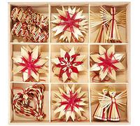 HEITMANN DECO Lot de 25 pendentifs en Paille, avec Accents Rouges, décoration d'arbre de Noël, Faits à Base d’Une matière Naturelle