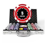 HEITOK Ensemble de Jetons de Poker avec Wertigkeiten, 300 Pièces 11,5g Professionelle Nummerierte Chips avec Aluminiumkoffer, Inclus 5 Würfeln & 2 Kartenspielen pour Texas Hold'em