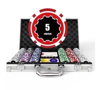 HEITOK Jeu de jetons de Poker avec dénominations, 300 jetons numérotés Professionnels de 11,5 g avec étui en Aluminium, Comprend 5 dés et 2 Jeux de Poker pour Texas Hold'em