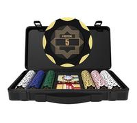 HEITOK Jeu de jetons de poker en argile pour Texas Hold'em, 300 pièces avec dénominations, jeu de blackjack de casino professionnel de 14 g, étui de transport haut de gamme avec intérieur en cuir et