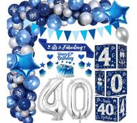 HEITOYI 40 Ans Décoration Anniversaire Garçons Chrome Bleu Argent | Royal Bleu Ballons Arch Kit avec Boîte de Décoration d'Anniversaire, Cake Topper Sash Grand Ballon Numéro 40