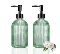 Hejo 2 Pièces Distributeur Savon Verre, 400ml Distributeur-Savon Liquide avec Tête de Pompe, Flacon Pompe Verre Réutilisable, Distributeur Savons Rechargeable pour Salle de Bains et Cuisine(Vert)