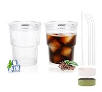 Hejo 2 Pièces Verre avec Paille et Couvercle, 400ml Verre Matcha Réutilisable, Verre Cafe Glacé avec Manchons de Coupe pour Smoothie, Lait, Café Glacé, Jus