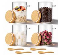 Hejo 4 Pièces Bocal en Verre avec Couvercle Hermétique et Cuillère, 500ML Pot en Verre, Overnight Oats Jar, Bocaux de Conservation pour Épices Thé Noix Graines Pâtes Farine Grains de Café