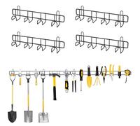 Hejo 4 Pièces Porte Outils de Jardin Mural, Rangement Garage Atelier pour Outils avec 16 Crochets, Accroche Balai Mural, Rangement Outils Mural pour Sécateurs, Pelles, Râteaux, Échelles(Noir)