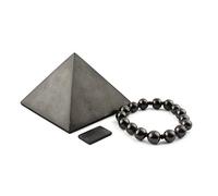 Heka Naturals Pyramide de Shungite Polie (8 cm), Bracelet Extensible & Plaque de Téléphone Rectangulaire | Décor à la Maison, Plaque Autocollante - Chakra Bijoux Spirituels