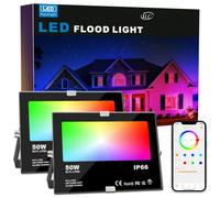 HEKEE RGB Projecteur 50W, Bluetooth, LED Exterieur Intelligente Changement de Couleur Rgbw Spot LED de Couleur, IP66 Etanche (2 Unité)